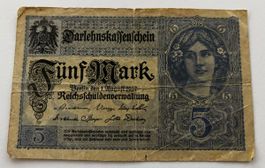 Fünf Mark Darlehenskassenschein 1. August 1917 Deutschland