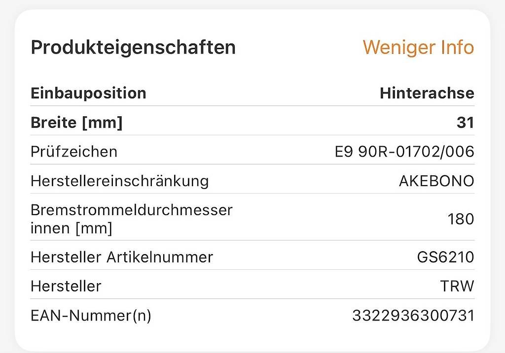 Tutti pezzi di ricambio auto: Bremsbackensatz GS6210, 180mm – Usato da Entlebuch venduto da Gauxxin 3