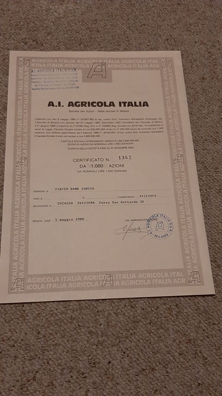 Documenti: Aktie A.I. Agricola  Italia – Nuovo (secondo la descrizione) da Porza venduto da ulletta1 2