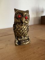 Vintage Brass Owl Figurine with Red Eyes - Home Decor