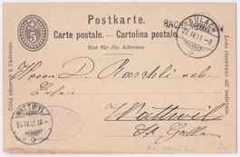 PK 1901 Stabstempel BACHENBÜLACH, Bülach ZH nach Wattwyl SG