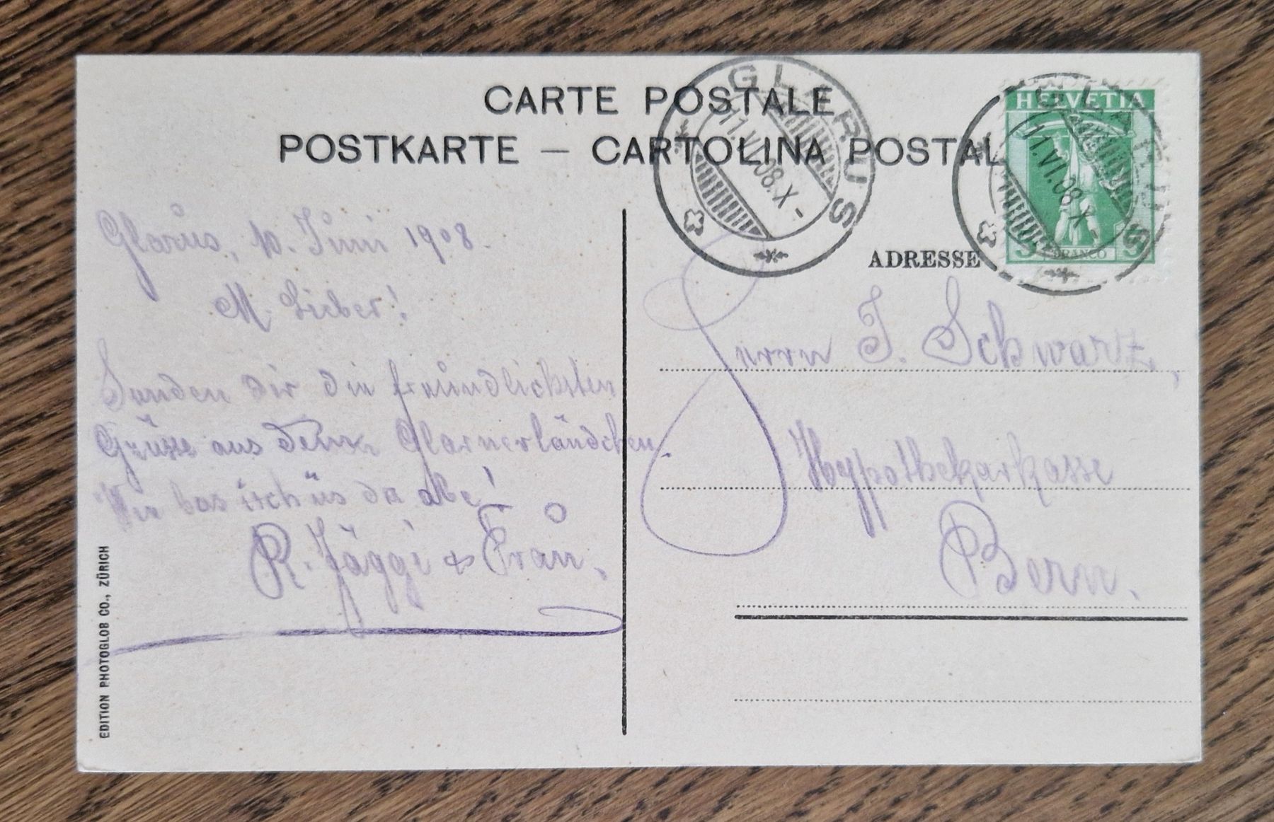 Ansichtskarten: Glarus 1908 – Gebraucht aus Ebikon von Donar50 1