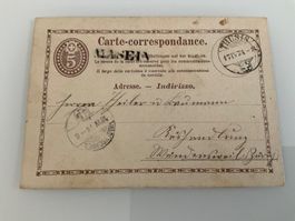 1874 Wigr. 30, PK 003 Postkarte Thusis nach Waedensweil Stab