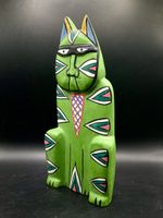 Grüne handbemalte Laurel Burch Holz-Katze, Vintage