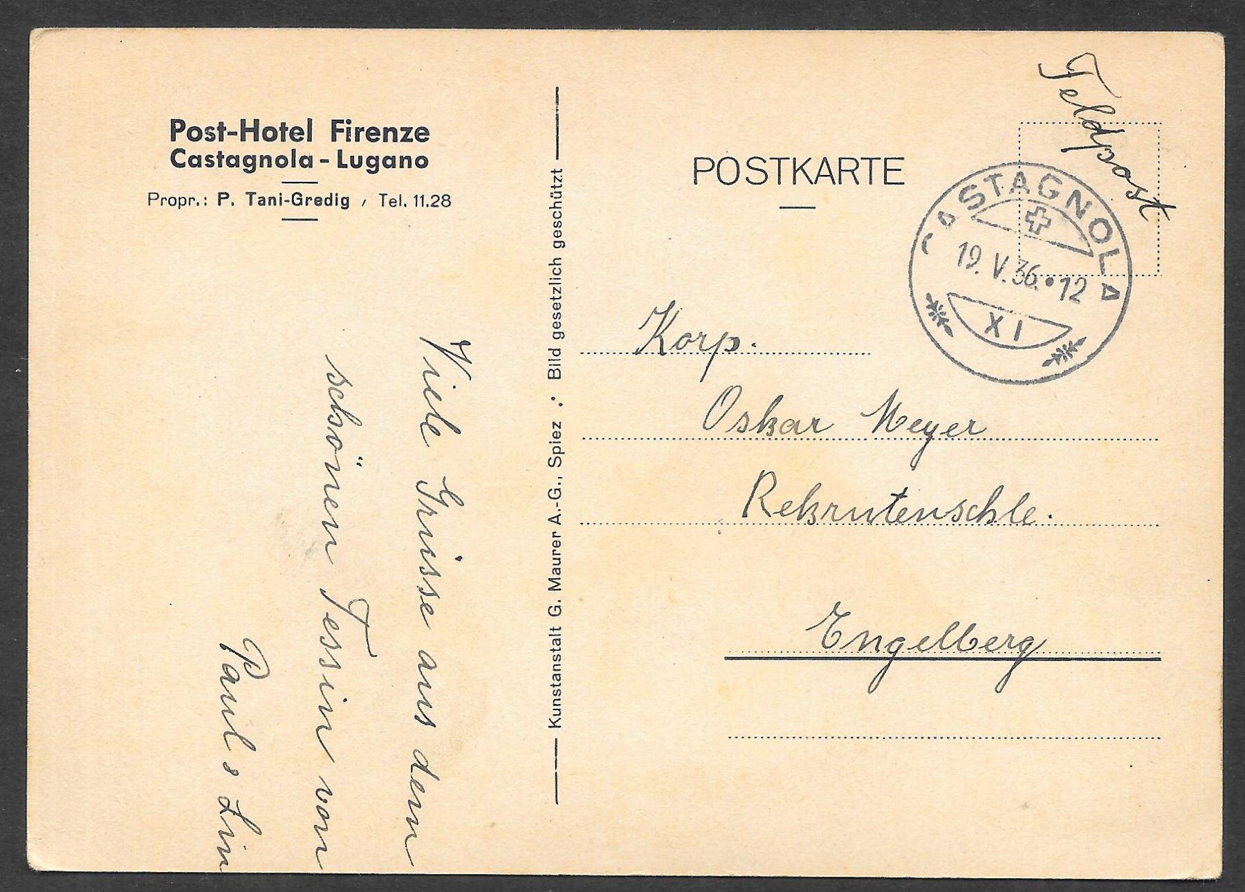 Ansichtskarten: Castagnola - Lugano Post-Hotel Firenze – Gebraucht aus Olten von clotaldi 1