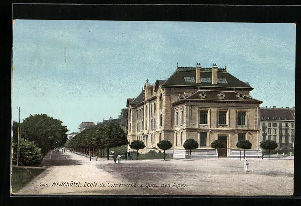 Cartoline postali: Neuchâtel, Ecole de Commerce, Quai des  – Usato da Berlin venduto da bartko-reher