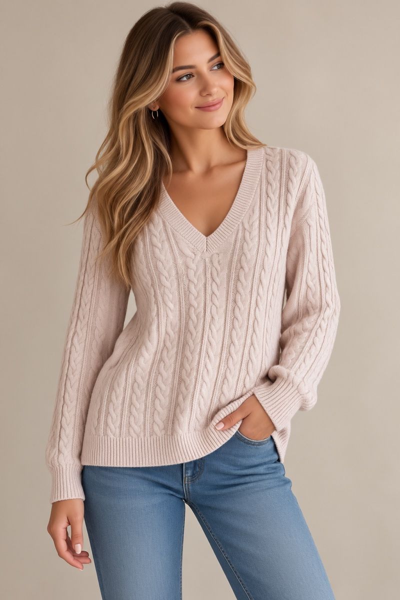 Maglioni & Felpe: Beiger Strickpullover mit V-Ausschnitt und Zopfmuster gr.L – Usato da Winterthur venduto da -BeHappy24-