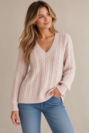 Beiger Strickpullover mit V-Ausschnitt und Zopfmuster gr.L