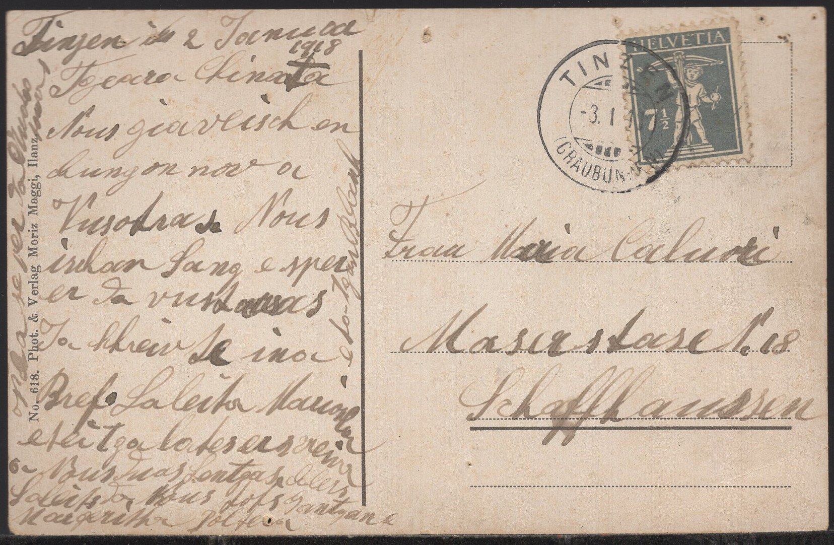 Cartoline postali: Gruss  aus  Tinzen   1918 – Difettoso da Aarau venduto da kufi44 2