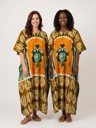 Robe longue batik motif tortue orange vert taille unique