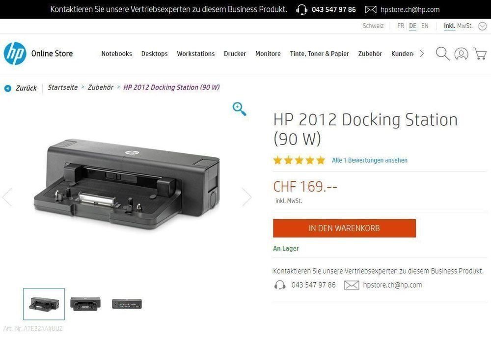 Hewlett Packard Docking station: HP Docking Station A7E32AA, Fabrikneu – Nuovo e nell'imballaggio originale da Glattbrugg venduto da copytron 4