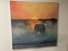 Ölgemälde Afrikanischer Elefant bei Sonnenuntergang,