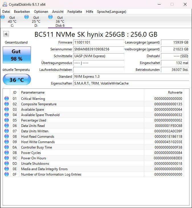 Harddisks: SK hynix NVME SSD BC511 256GB – Gebraucht aus Künten von Arktisde 1