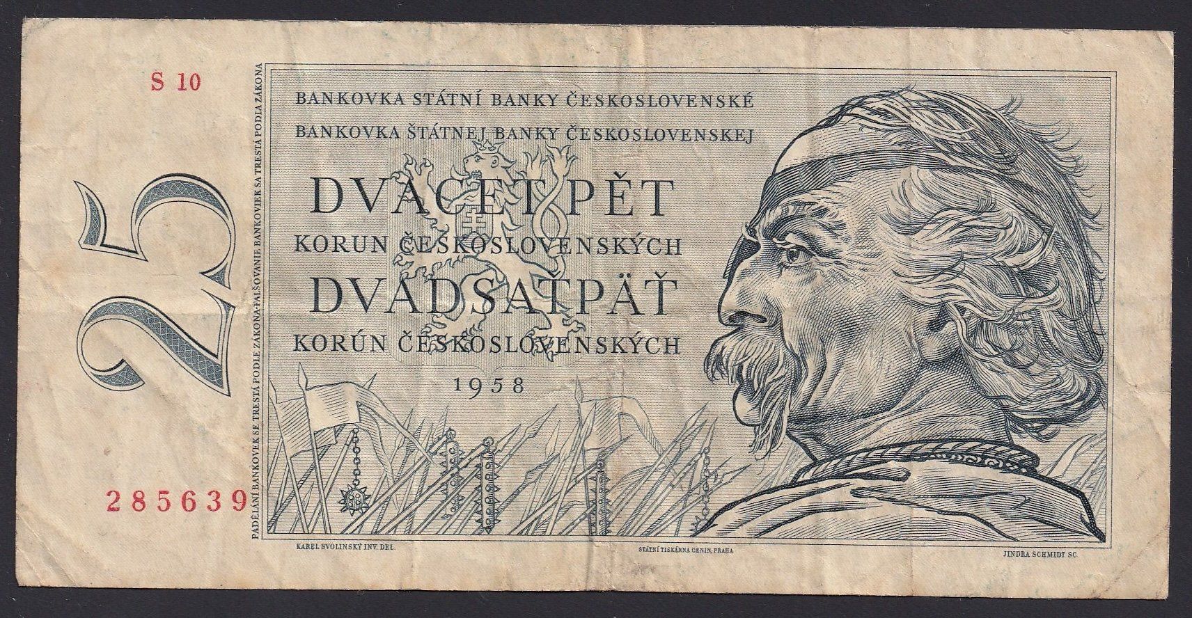 Banknoten: Tschechoslowakei 25 Korun 1958 – Gebraucht aus Brugg AG von banknoten_muesli