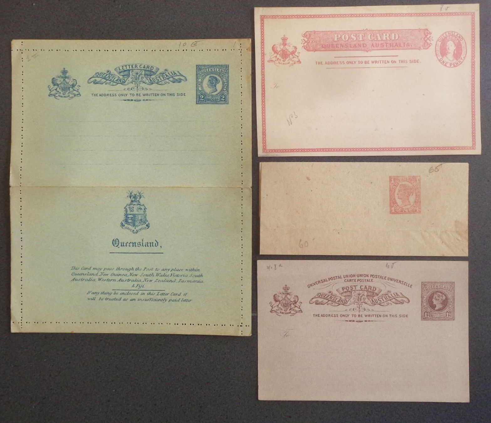 Alle Briefmarken: QUEENSLAND: 4 Postal Stationaries, * – Neu (gemäss Beschreibung) aus Le Locle von timbrettino