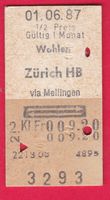 KARTON BILLETT, WOHLEN - ZÜRICH HB, 2.KLASSE, RETOUR, HALBTA