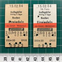 Baden - Einsiedeln, 2 alte Bahn Billette, via Wädenswil
