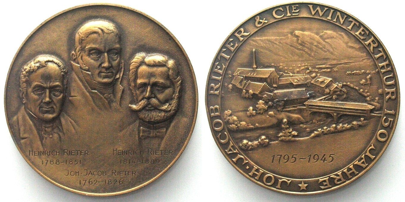 Medaglie: JOH. JACOB RIETER, WINTERTHUR, 150 JAHRE, Medaille 1945 – Usato da Riehen venduto da sesambestcoins2004