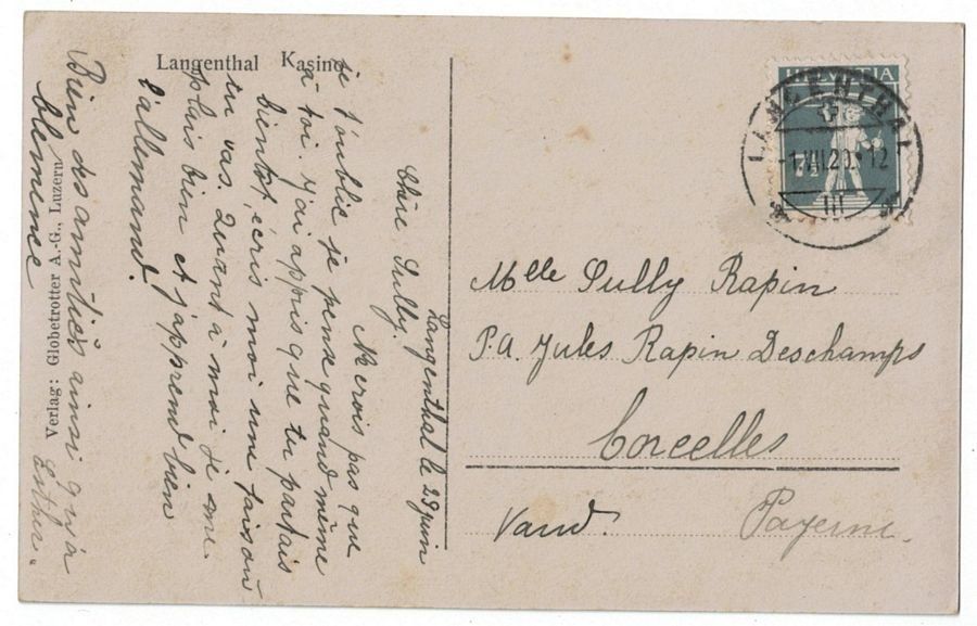 Ansichtskarten: Langenthal, Kasino, gelaufen 1920 – Gebraucht aus Frauenfeld von POML 1