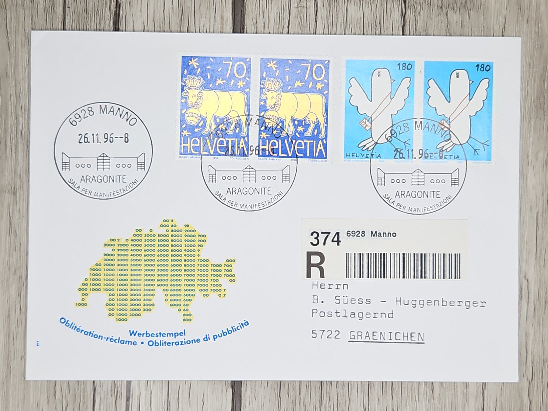 Tutti i francobolli: CL11 Enveloppe + Timbre Suisse 1996 – Usato da Cousset venduto da Patrick_Collections