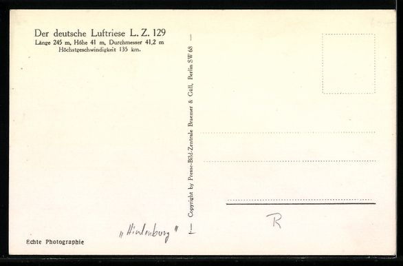 Bilder & Poster: AK Zeppelin L.Z. 129 in der Luft – Gebraucht aus Berlin von bartko-reher 1