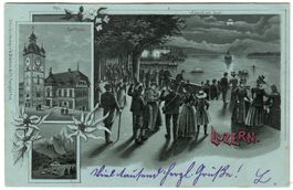 3-Bild Lithokarte  Luzern  (Mondscheinkarte)