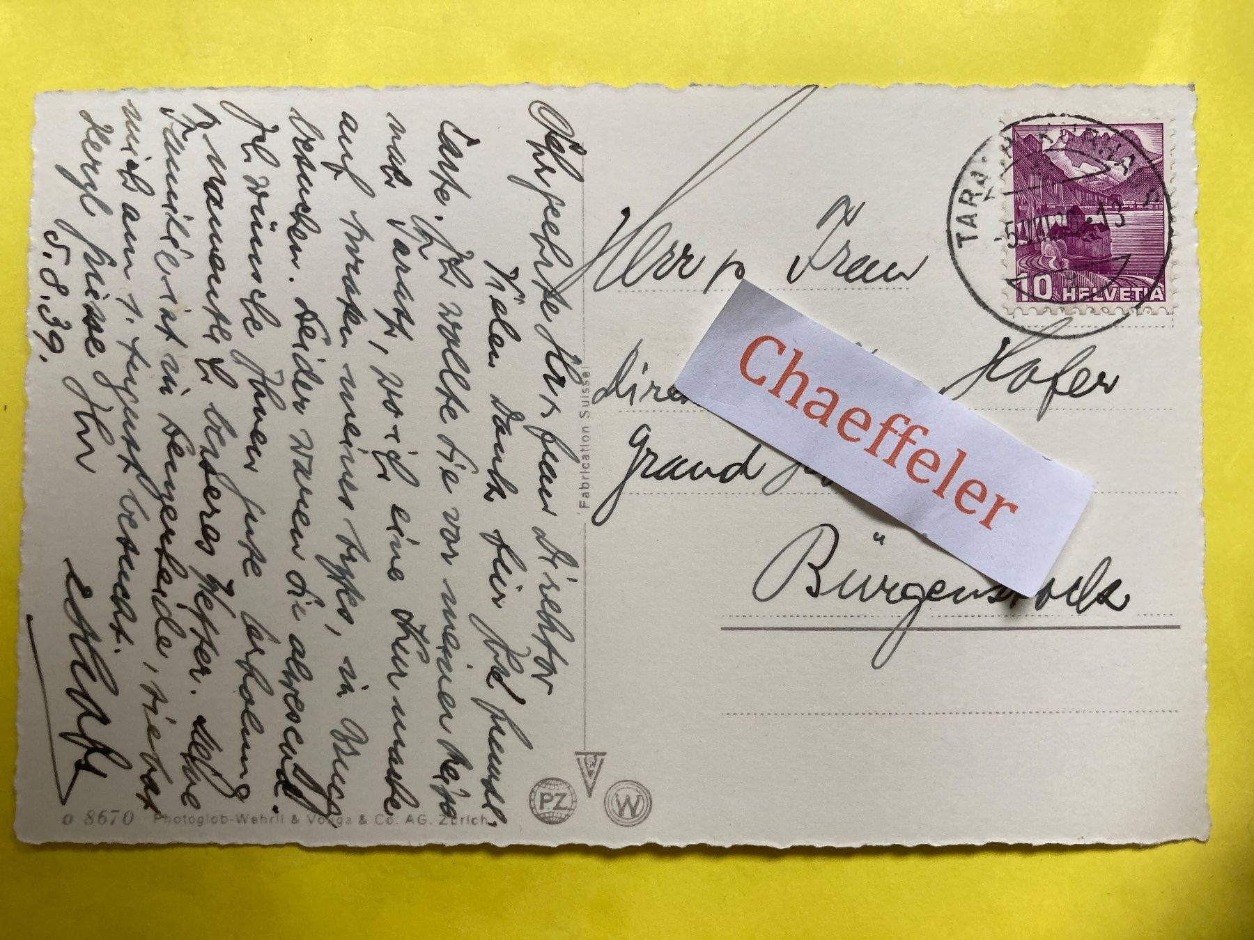 Cartoline postali: 1939 Kurhaus Tarasp – Usato da Zürich venduto da Chaeffeler 1