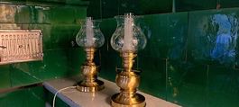 alte seltene Tischlampen Messing mit Handgeblasenen Gläser
