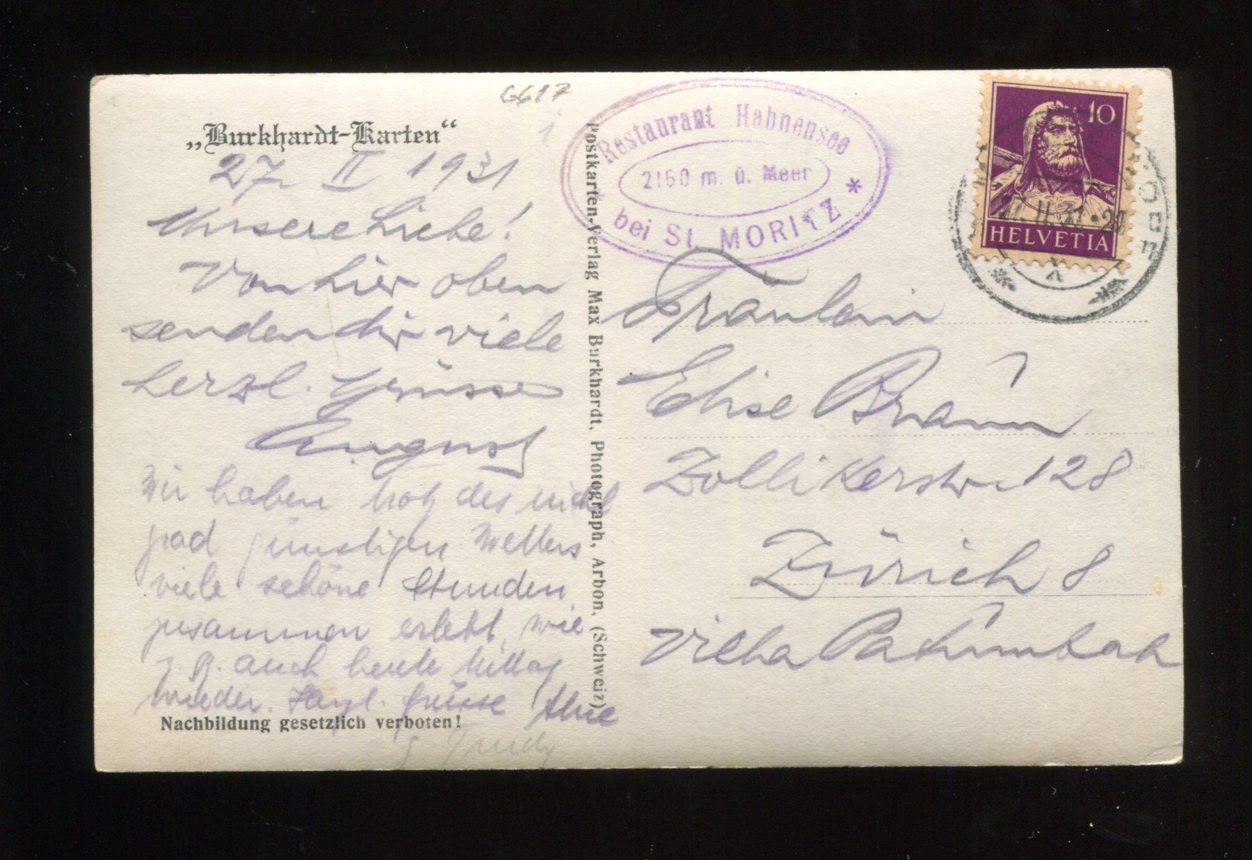 Cartoline postali: St. Moritz, Hahnensee, "Burkhardt-Karte" – Usato da Aarau venduto da Elmaar41 1