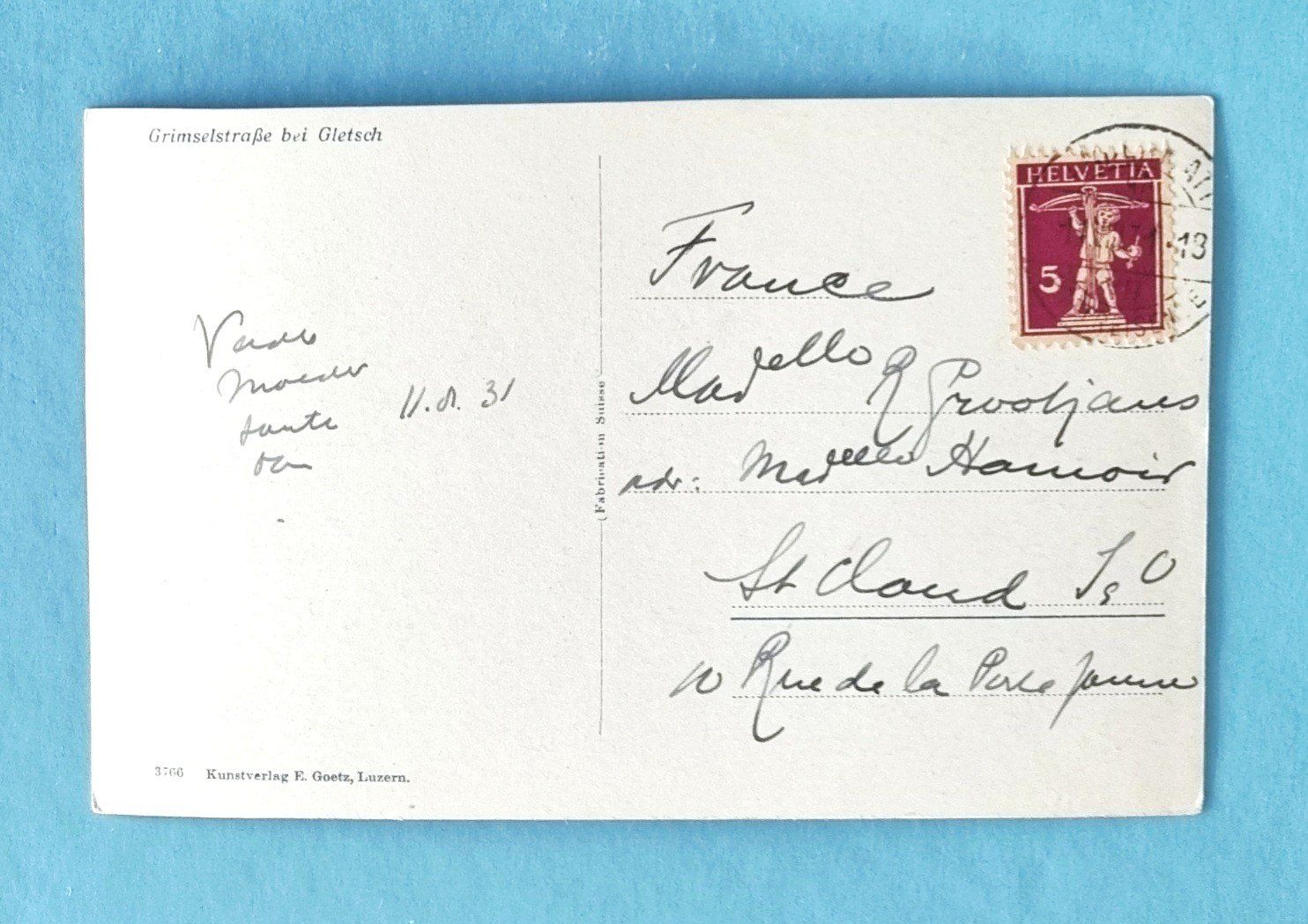 Cartes postales: Grimsel - Passtrasse bei Gletsch - Postauto - 1931 – D'occasion à Rothrist par RROENK 1