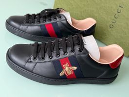 GUCCI Ace Web Bee Schwarz Leder Low Top Sneakers 40 NEU