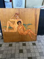 Tableau sur panneau signé  1971 figures nus état moyen