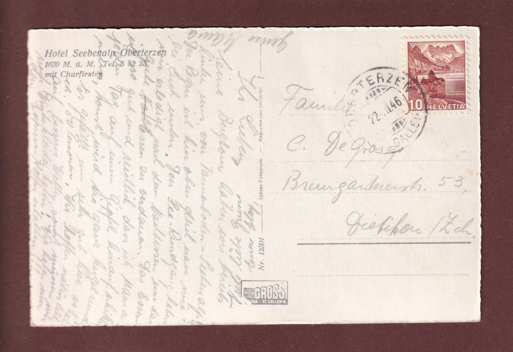 Cartoline postali: OBERTERZEN - Hotel Seebenalp - 1946 – Usato da Pully venduto da nicecards 1