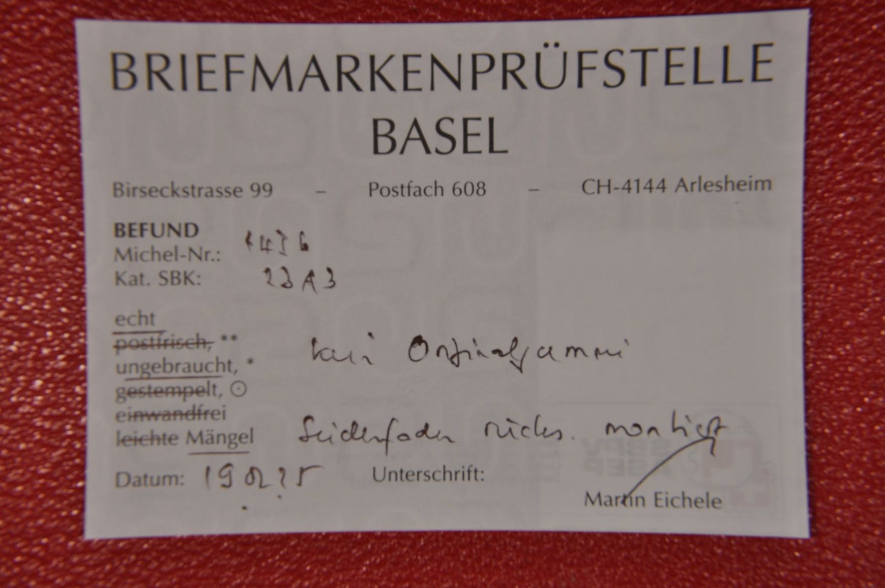 Alle Briefmarken: 23A3 ungestempelt mit Attest Eichele, Mängel – Neu (gemäss Beschreibung) aus Wolfhalden von Zinauktion 2