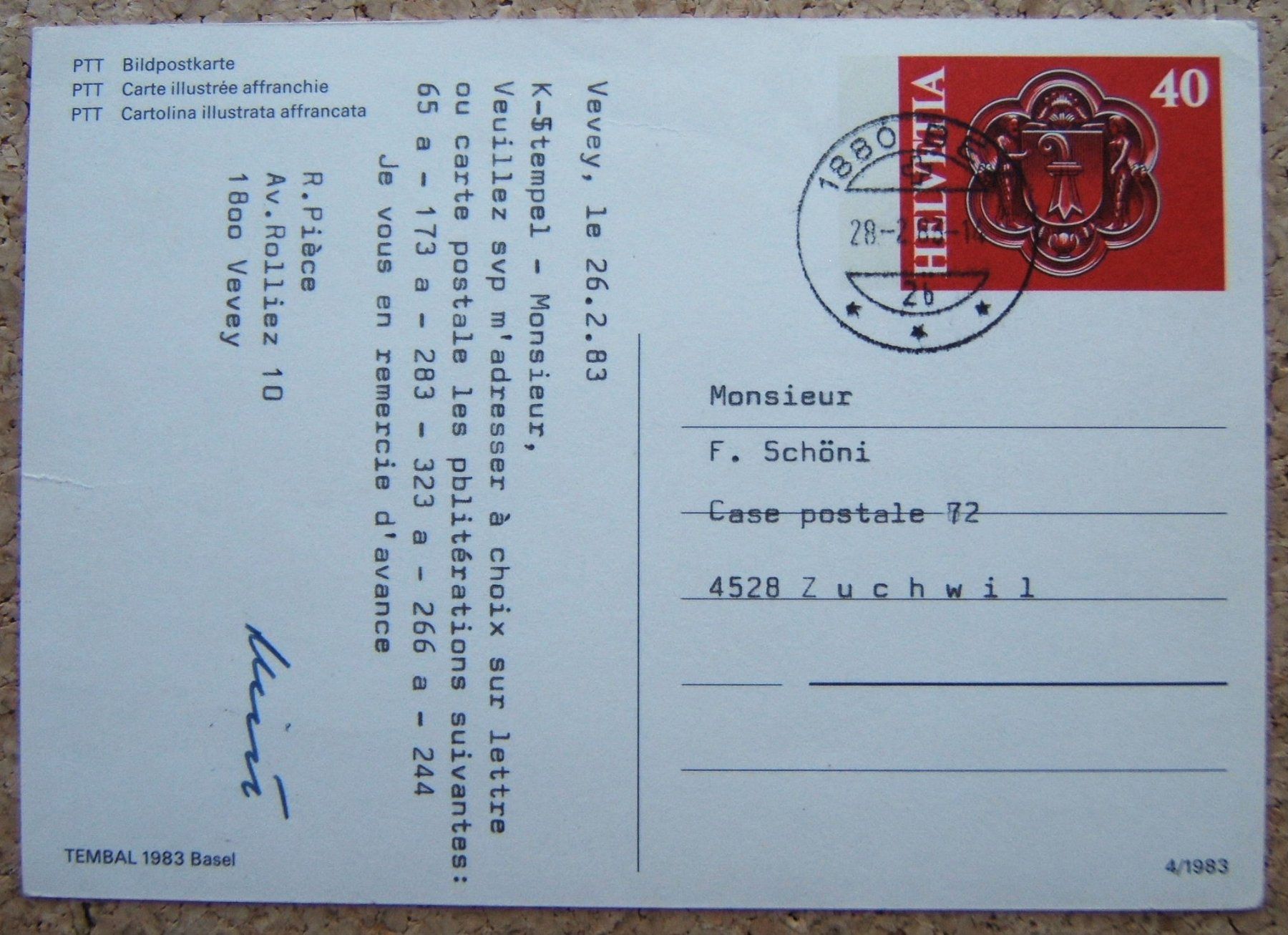 Alle Briefmarken: BILDPOSTKARTE TEMBAL 1983 BASEL – Gebraucht aus Brunnen von Nonne04 1