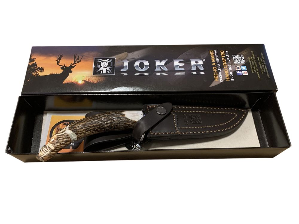 Joker Coltello Da Caccia Antelope CC02 - Lama Fissa 19,5 Cm In Acciaio - Manico In Corno Di Cervo - Peso 393g - Con Custodia In Pelle - 2