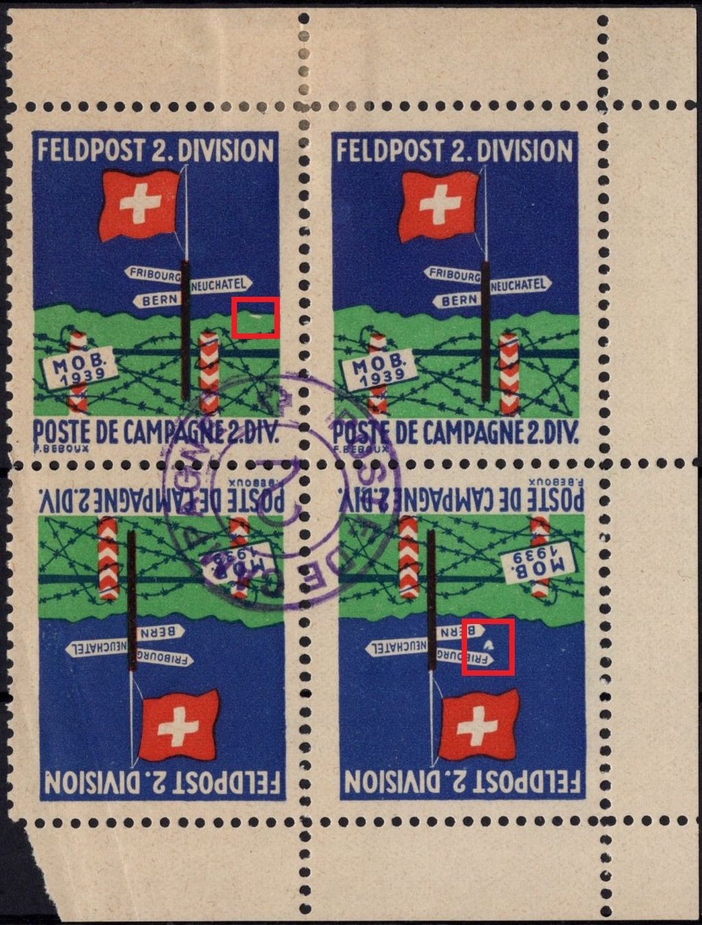 Tous les timbres: FELDPOST 2. DIVISION - Viererblock mit 2 ABARTEN – D'occasion à Eglisau par Chperfins