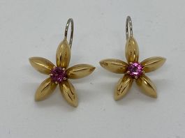 2 Ohrhänger Blumen mit 2 Rubellit, Gelbgold 750 , Platin 950