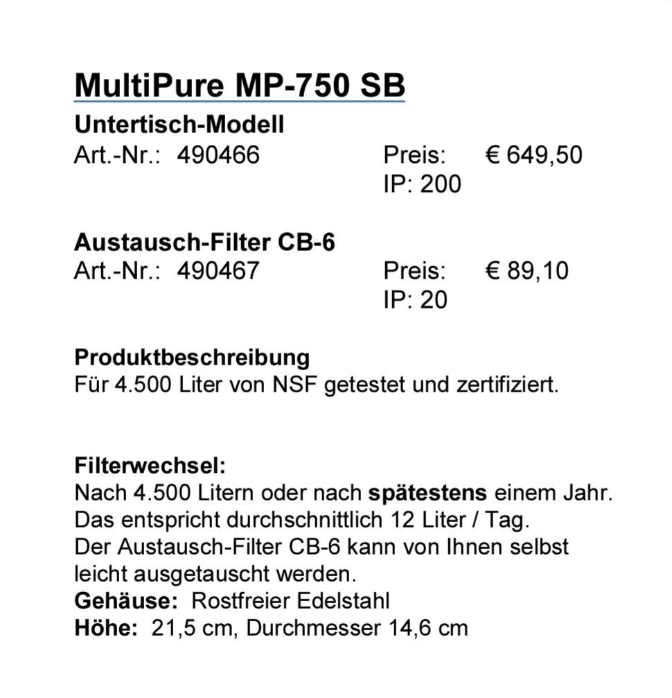 Sanitari: Wasserfilter von Multi Pure, Untertisch Modell – Usato da Grünen venduto da Shascho 1