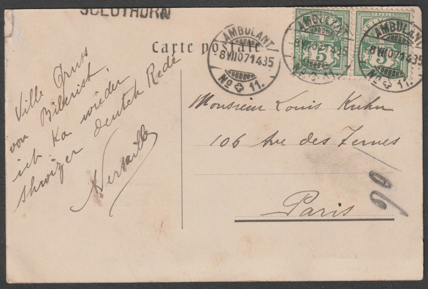 Cartoline postali: AK SO: 8.VII.07: BIBERIST, Panorama, Pfarrhäuser – Usato da Basel venduto da Colec 1