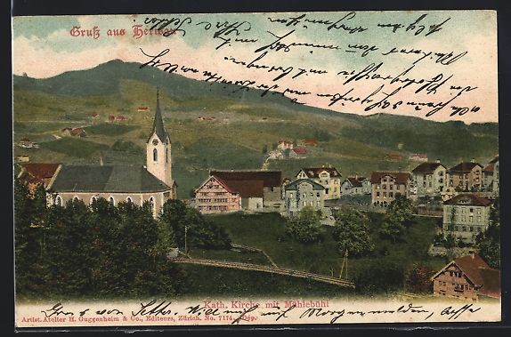 Cartoline postali: AK Herisau, Kath. Kirche mit Mühlebühl – Usato da Berlin venduto da bartko-reher