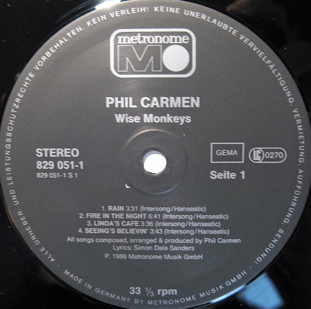 Schallplatten: PHIL CARMEN "Wise Monkeys" LP, COVER, LABELS & INNER IN NM! – Gebraucht aus Monthey von Pingmub 2