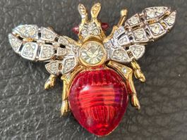 Broche vintage en forme d'abeille strass et émail rouge
