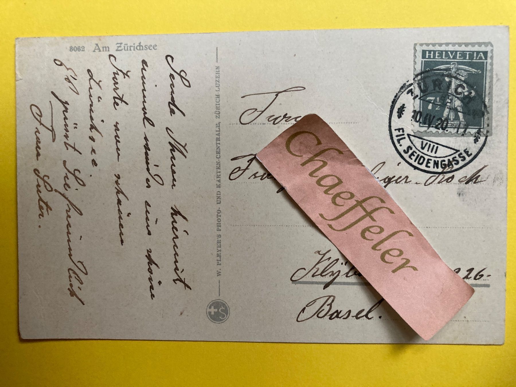 Cartoline postali: 1920   8062 Am Zürichsee – Usato da Zürich venduto da Chaeffeler 1