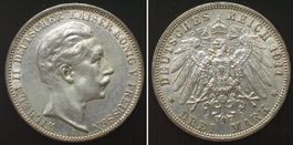 PREUSSEN 3 Mark 1911 A, WILHELM II. Silber ERHALTUNG! vz-st