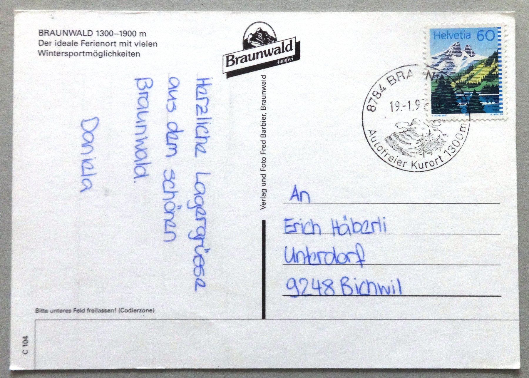 Cartoline postali: Braunwald, 1300-1900 m – Usato da Fétigny venduto da Billy2miny 1