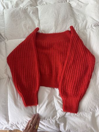 Pull 1x Rouge Style Bardot Tricot Manches Bouffantes