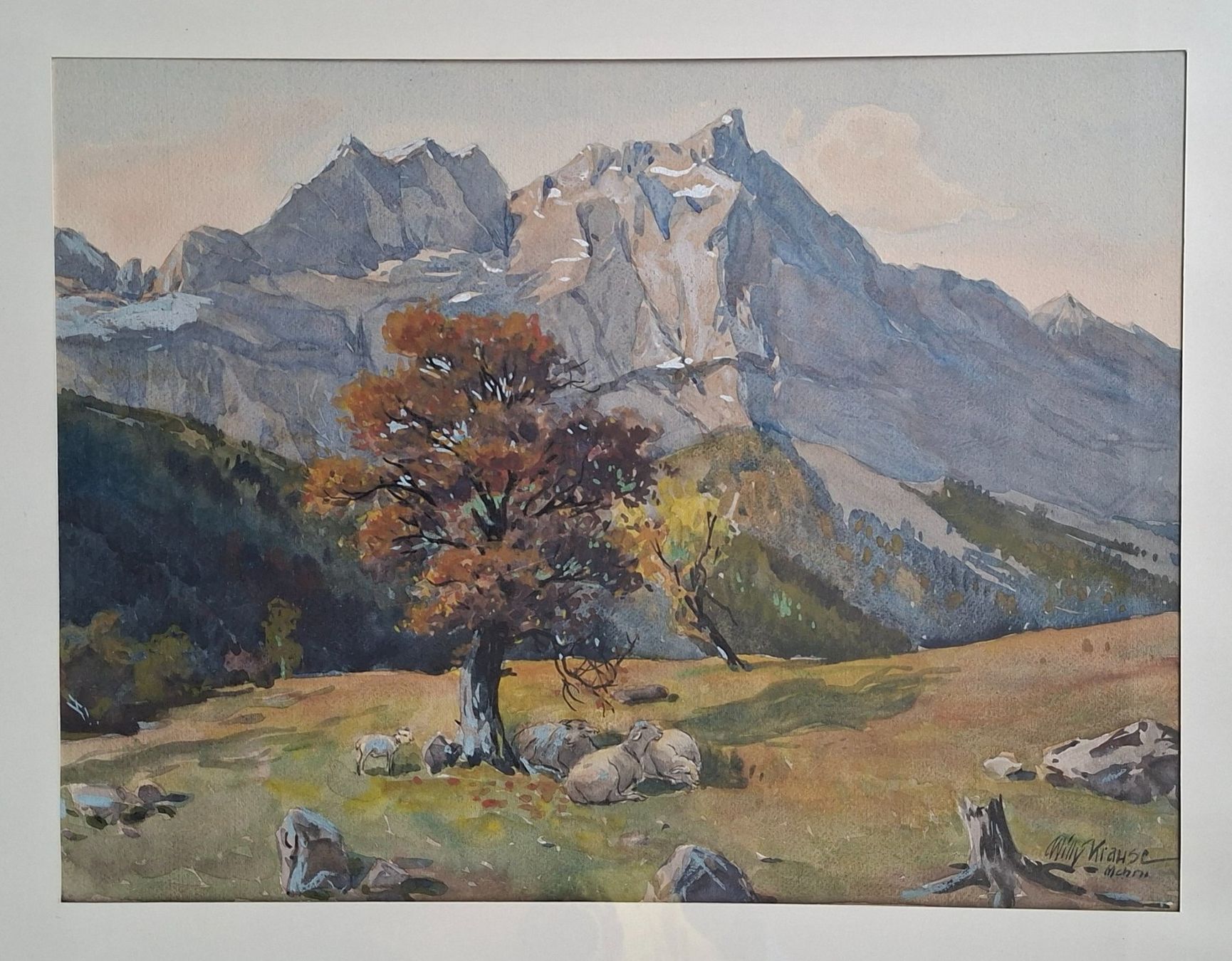 Dipinti: Krause Willy, München, Landschaft, Aquarell, Schafe, Baum – Usato da Herisau venduto da Saentis1
