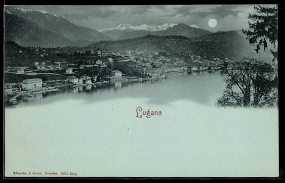 Cartoline postali: Mondschein-AK Lugano, Panorama am Seeufe – Usato da Berlin venduto da bartko-reher