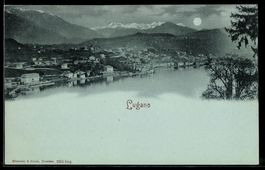 Mondschein-AK Lugano, Panorama am Seeufe